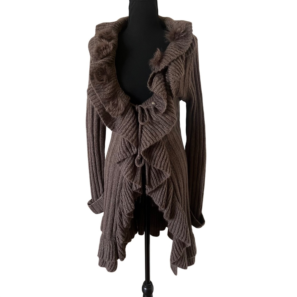 Magic Vintage Womens‎ Brown Ribbed Knit Ruffle Faux Fur Trim Cardigan Sweater L